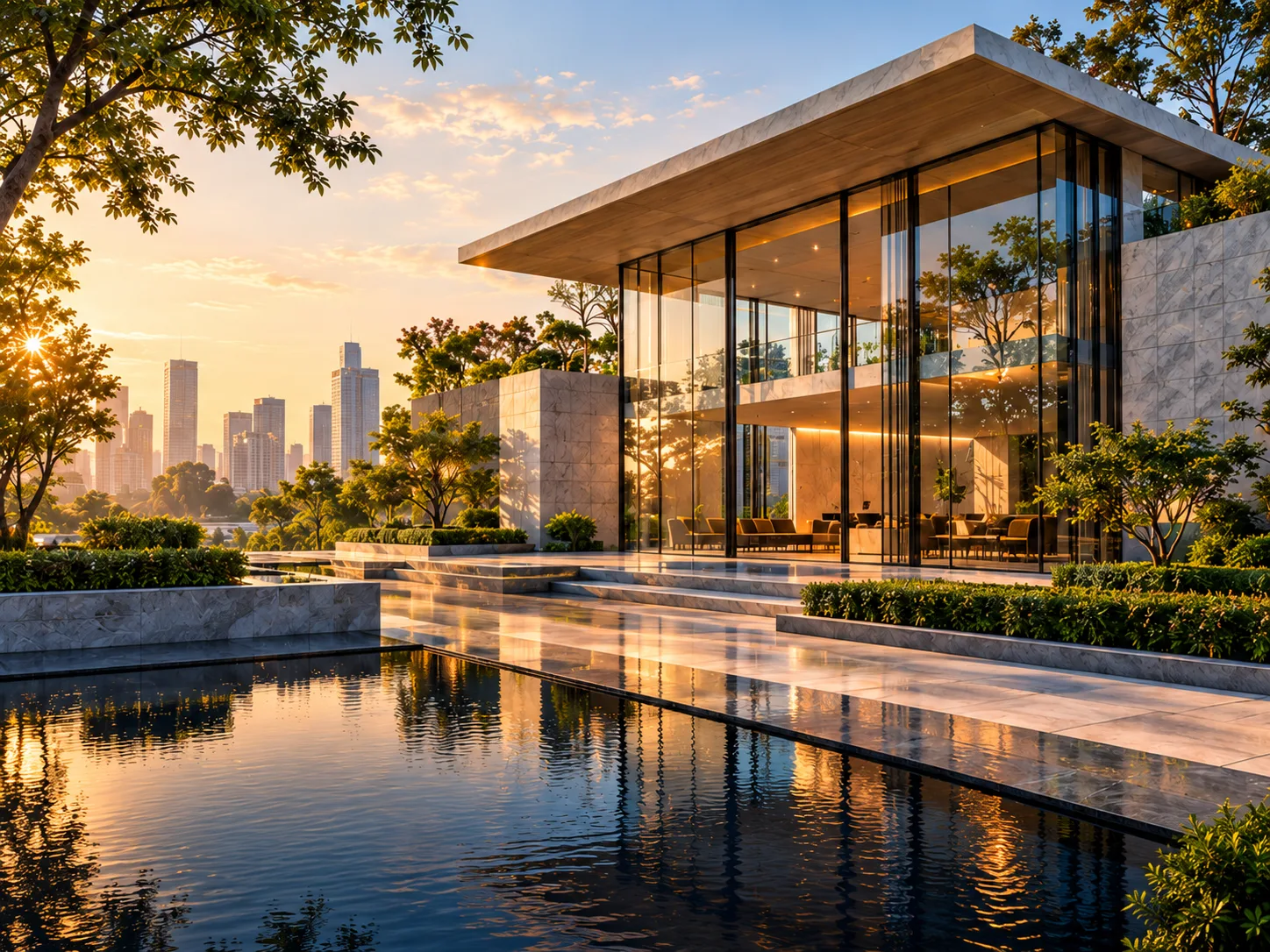 Glass pavilion overlooking the city at golden hour